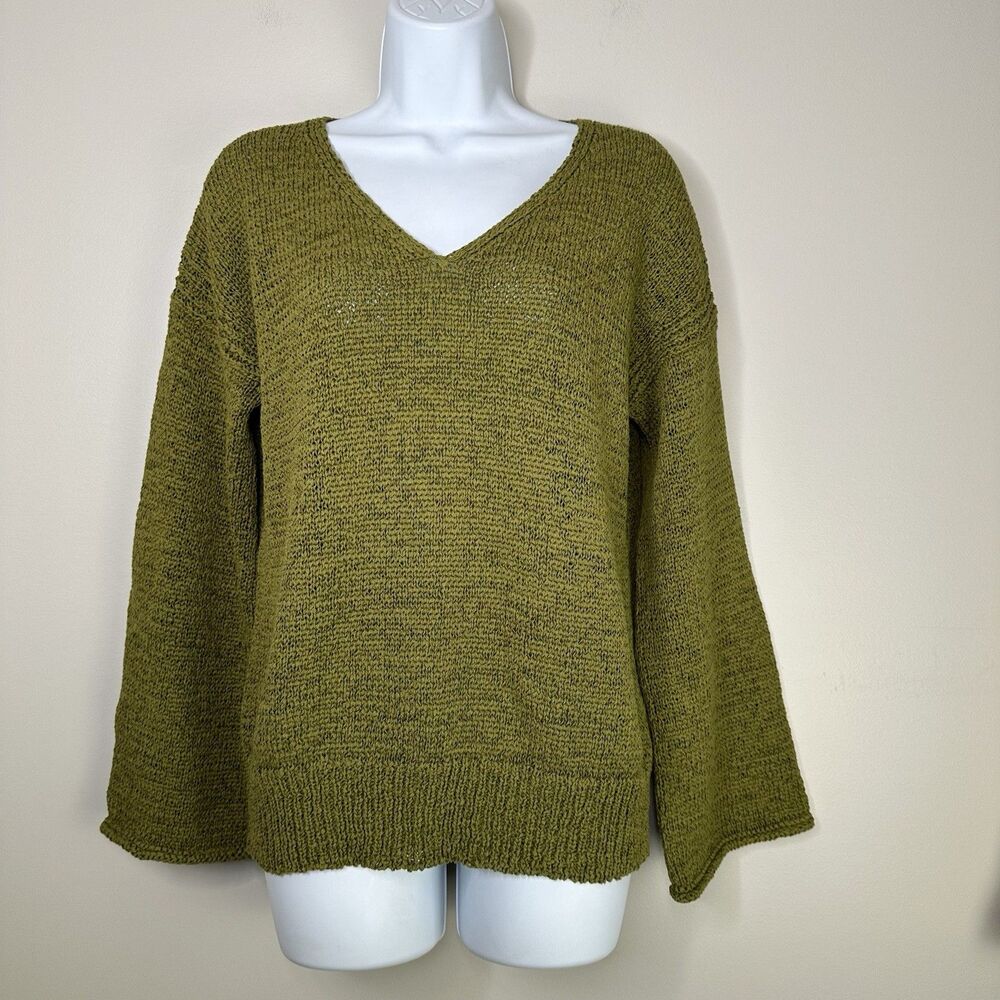 J Crew Sweater Womens Medium Green Woven Flare Sleeve Loose Knit Boho Gypsy